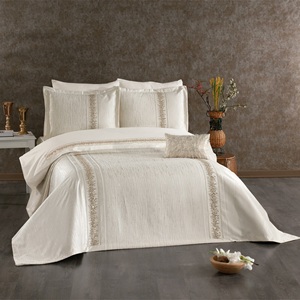 Juego de Ropa de Cama Guzide Eliza Ecru de 8 Piezas, Personalizado, Clásico, de Lujo, 100% Chenilla Orgánica, Tejido a Rayas, Lavable - Product Image 1