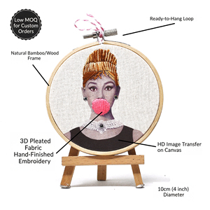Aro de Bordado Moderno de Arte Pop Hecho a Mano – Bambú y Algodón Orgánico de 10 cm – Diseño 3D Bubblegum – Audrey Hepburn - Product Image 2