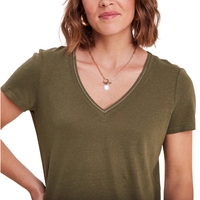 Kaos Wanita V-Neck Hijau Zaitun Vintage Kasual 100% Katun Lengan Setengah Off-Shoulder Polos Ramah Lingkungan Dry Fit Bordir