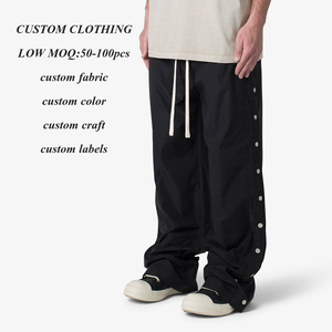 Men Custom Side Button up Wholesale Streetwear <b>Cargo</b> <b>Pants</b> <b>Oversized</b> Fit Baggy Wide Leg Plain Black Track <b>Pants</b> - Product Image 2