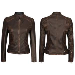 Veste de moto en cuir véritable imprimée pour femme, décontractée, unie, à capuche, manches longues évasées, taille haute, style streetwear, en laine - Product Image 1