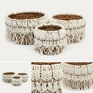 Ensemble de paniers de rangement en macramé à franges en écorce de bananier naturelle, couleur crème, style bohème, pour plantes rondes, organisateur de décoration, design artistique pur - Product Image 4