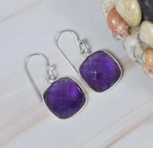 Améthyste violet naturel à facettes coussin coupe pierre précieuse lunette réglage personnalisé S925 argent Sterling crochet boucles d'oreilles pierre de naissance bijoux - Product Image 2