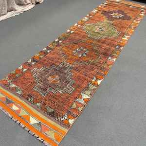 พรมวิ่งสไตล์ตุรกี ขนาด 3x10.7 ฟุต (91x325 ซม.) ลายตารางสีส้มแบบวินเทจ - Product Image 4