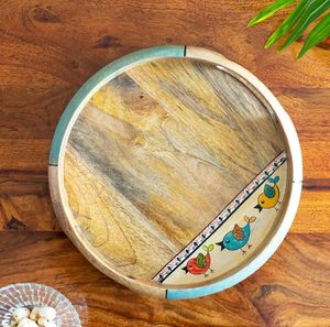 Plateau de service décoratif en bois de manguier, plateau de service rond en bois décoratif, centre de table de style campagnard et vintage - Product Image 2
