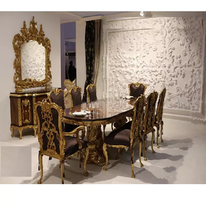 Ensemble de table à manger 8 places en bois de teck sculpté à la main de style impérial chaises de salle à manger royale finition or antique pour salle à manger - Product Image 1