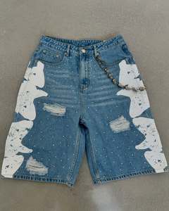 Salopette en jean mi-taille pour homme, 100% coton, respirante, séchage rapide, écologique, streetwear d'été, style punk moto/biker, cristal - Product Image 3
