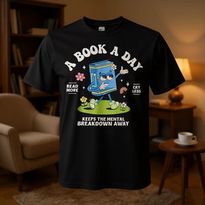 Una camiseta con la frase "Un libro al día evita el desgarro mental" para adultos, unisex, negra - Product Image 3