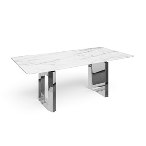 Table à manger moderne de style New York, plateau en marbre de 200 cm, base en acier inoxydable, blanc et argent, stable - Product Image 1