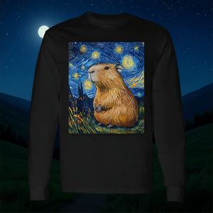 T-shirt à manches longues avec motif de nuit étoilée style Van Gogh, design promotionnel Capybara - Product Image 3