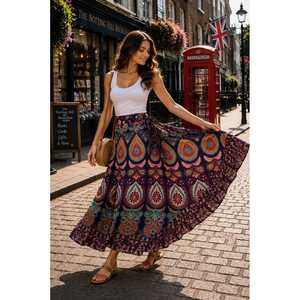 Jaipuri 100% Cotton Neptol Print <b>Wrap</b> <b>Around</b> <b>Skirt</b> Size up to XXL with Natural Waistline (CWS00020) - Product Image 4