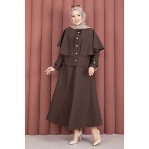 Ensemble deux pièces : Blazer marron avec cape et épaulettes, en toile, orné de boutons - Product Image 5