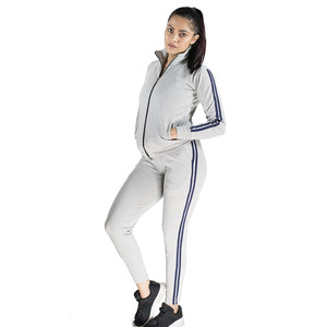 Ensemble de survêtement pour femme en 2 pièces, manches longues, pantalon de jogging zippé, poches, pantalon de survêtement décontracté, entraînement, 100% coton - Product Image 1
