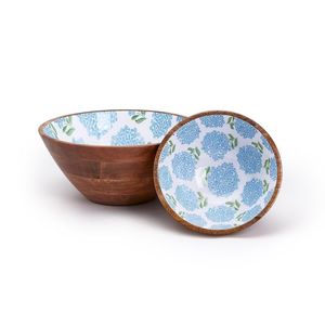 Juego de ensaladeras esmaltadas de madera de mango con diseño floral azul y servidores de ensalada de madera a juego hechos a mano rústicos - Product Image 2