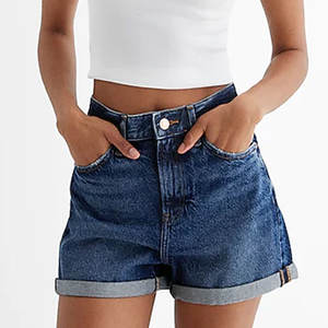 Pantalones cortos vaqueros con dobladillo enrollado lavado medio para mujer, pantalones cortos elegantes de cintura alta Vintage de diseño único para mujer 2024 - Product Image 2