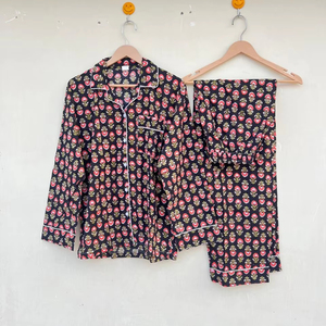 Traje de noche de algodón 100% hecho a mano indio, ropa de dormir con estampado Floral, elegante, informal para primavera, otoño, vacaciones, paseo matutino exclusivo - Product Image 1