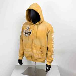 Sudadera con Capucha Personalizada para Hombre, de Algodón Grueso, Estilo Vintage Desgastado, Lavado Ácido, con Cierre y Estampado Gráfico - Product Image 1