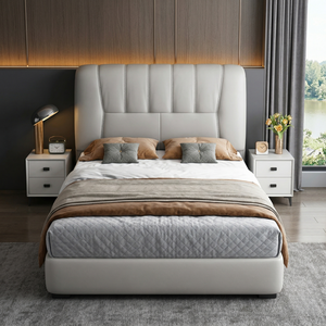 Cadre de lit king-size avec tête de lit mince et peu encombrante, en cuir Nappa crème, lit plateforme à profil bas pour petits espaces - Product Image 3