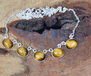 Handmade 5 Stone Tiger Eyes 925 Sterling Silver Link <b>Chain</b> <b>Necklace</b>-Wedding Engagement Party Birthday Gift Jewelry Women's - Product Image 3