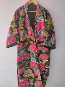 Magnifique kimono long en coton imprimé à la main avec ceinture à nouer pour la nuit, robe de chambre pour femmes, imprimé floral - Product Image 2