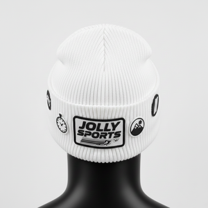 Gorro de punto acrílico premium para hombre, cálido, de punto acanalado, en blanco y negro, con parche de goma personalizado con logotipo, diseño termoadhesivo, gorro jacquard. - Product Image 3