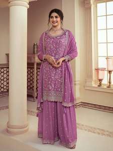 Hilo de seda de Chinon puro de nuevo diseño Premium fabricado en India con Secuencia bordada Kurti con Palazzo y Dupatta Set - Product Image 3