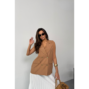 Gilet en lin marron pour femme avec gilet à boutons dorés - Product Image 6