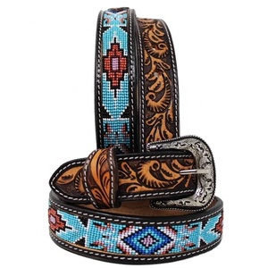 Cinturón Vaquero Internacional Rodeo Más Vendido, Cinturón Azteca con Cuentas, Cuero Vacuno Personalizado, Herramientas Florales Hechas a Mano, Hebilla de Aleación Vaquera de Alta Calidad Personalizada - Product Image 1