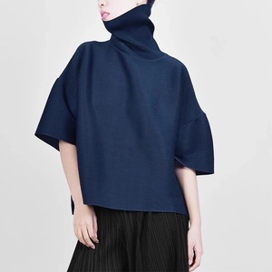 Camiseta Casual Holgada de Diseño Nuevo para Mujer, Cuello Alto Plisado, Manga Acampanada, para Otoño, Diseño Sólido - Product Image 3