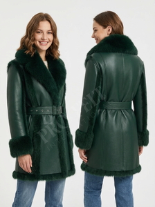 เสื้อโค้ทหนังแท้คุณภาพสูงทรงโอเวอร์ไซส์ พร้อมปกขนสัตว์ แฟชั่นฤดูหนาว เสื้อคลุมกันหนาวหนังแท้เนื้อนุ่ม พร้อมเข็มขัดสำหรับสุภาพสตรี - Product Image 2