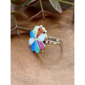 Anillo de Sello Zuni Hecho a Mano con Incrustaciones de Piedras Múltiples y Plata de Ley Invisible, Bañado en Rodio, Estilo Moderno, Talla 7.5, Regalo - Product Image 4