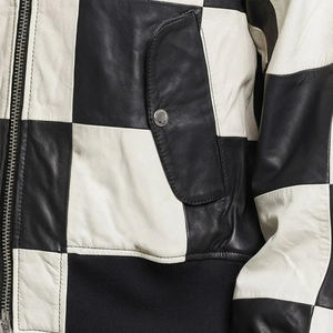 Blouson aviateur en cuir à carreaux noir et blanc |   Veste de mode de rue unique - Product Image 4