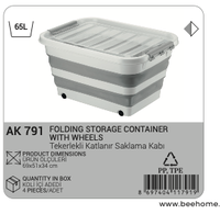 Afossa AK 791 Conteneur de rangement pliable grande capacité 65L/66L avec roues, boîte organisatrice en tissu écologique pliable, capacité de charge >10kg