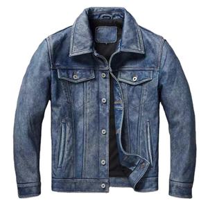 Veste en jean pour hommes veste en cuir véritable denim bleu clair personnalisée pour les hommes avec logo vente en gros - Product Image 1
