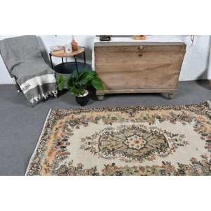 Tapis en laine turque vintage de 3.7x6,7 pieds, tissage plat design patchwork beige et marron avec support en latex pour décorations de salon - Product Image 2