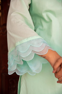 ชุดเซ็ตผ้าฝ้ายทอมือสีฟ้าอควา แขนยาว สไตล์คลาสสิก ย้อมสีพื้น เสื้อคุर्ติคอวีสำหรับผู้หญิง พร้อมกางเกง - Product Image 2