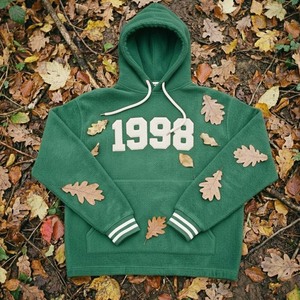 Sweat à capuche en molleton de coton vert forêt, patch en chenille vintage, broderie 3D, tie-dye, 1998, surdimensionné, poignets rayés, écologique - Product Image 4