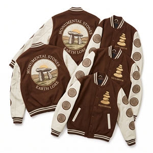 Chaqueta Letterman al por mayor, verde pino, cuerpo de lana, mangas de cuero crema, bordado de viaducto de montaña, abrigo universitario - Product Image 3