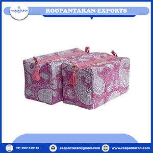Ensemble de 2 sacs à maquillage et cosmétiques, bloc de main indien en coton imprimé matelassé et rembourré, à vendre - Product Image 3