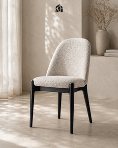 Chaise de salle à manger moderne en bouclette, pieds en teck massif, tissu beige, style scandinave, mobilier pour la maison, hôtel, café, villa - Product Image 5