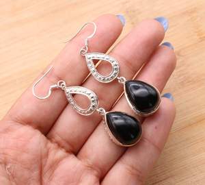 Boucles d'oreilles pendantes en argent sterling avec onyx noir en forme de poire, pierre précieuse naturelle, bijoux élégants, cadeaux pour femmes - Product Image 4