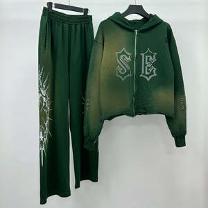 Chándales con estampado desgastado, chándales con cremallera y diamantes de imitación de gran tamaño personalizados, conjunto de pantalones de chándal y Sudadera con capucha lavado ácido para hombres - Product Image 3