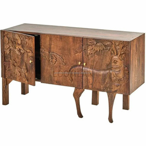 Gabinete de buffet antiguo Gabinete de madera vintage tallado a mano hecho de madera maciza con color natural. - Product Image 2