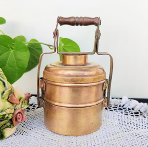 Antique brass <b>mini</b> lunch <b>box</b>, a charming two-tier tiffin carrier with a rustic wooden handle, perfect for nostalgic decorations - Product Image 1