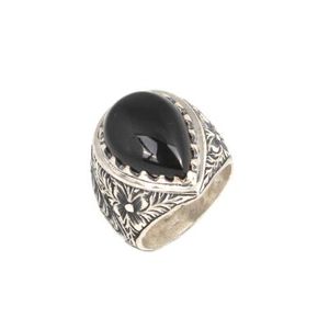 925 Sterling <b>Silver</b> Men's Ring with Geometric Teardrop Onyx Stone and <b>Pen</b> Design Fine Platinum Jewelry for Everyday Wear - Product Image 1