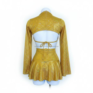 Ensemble de vêtements de festival dorés métalliques brillants, tenue de rave sexy 3 pièces, haut de bikini scintillant pour femme, boléro et mini-jupe, costume de danse - Product Image 3