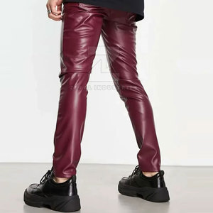 Pantalons en cuir pour hommes décontractés à taille mi-haute, à devant plat, lavage foncé, légers, avec logo de marque personnalisé, vente en gros - Product Image 3