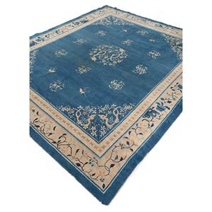Alfombra de Lana Anudada a Mano Azul Pechino, Diseño Floral Clásico, Rectangular 9x12, Alfombra Hecha a Mano para Sala de Estar o Pasillo - Product Image 2