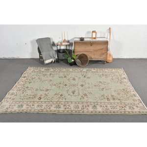 Alfombra turca Vintage de 6,4x9,2 pies, patrón de retales de lana de tejido plano verde Beige para decoración para sala de estar, uso de pasillo, respaldo de látex - Product Image 1