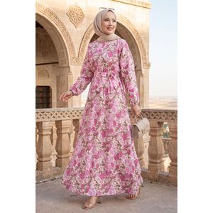 Vestido con Cinturón y Estampado Floral Rosa, Cintura Fruncida, Estilo Casual Transpirable, Sin Cierre, para Día, Vacaciones, Playa, Talla XS Incluida - Product Image 1